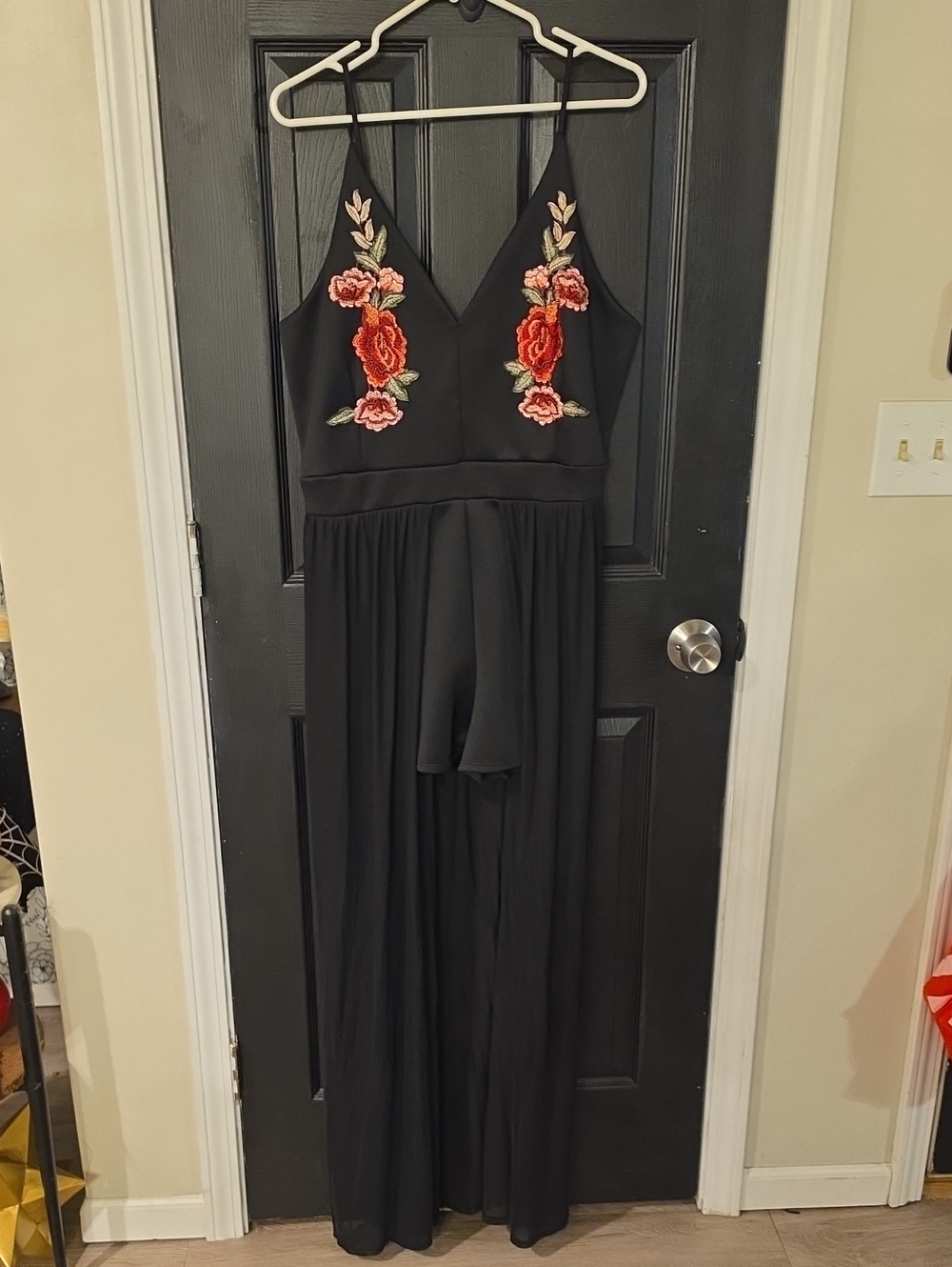 Black Floral Embroidered V-Neck Maxi Romper
